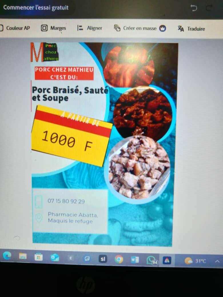 Porc africain ( braisé, sauté, choukouya, grillé et soupe )