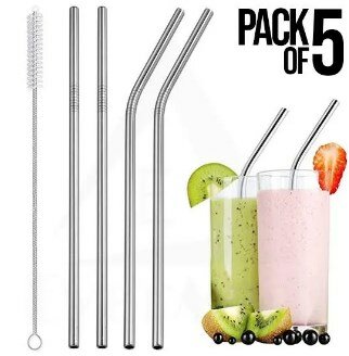 Pack of 5- bent Reusable stainless steel straw with cleaning brush big size straws