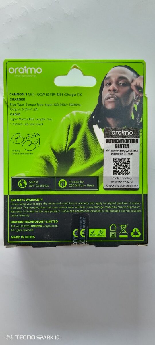 Chargeur ORAIMO E37sp original bout (micro-Usb)