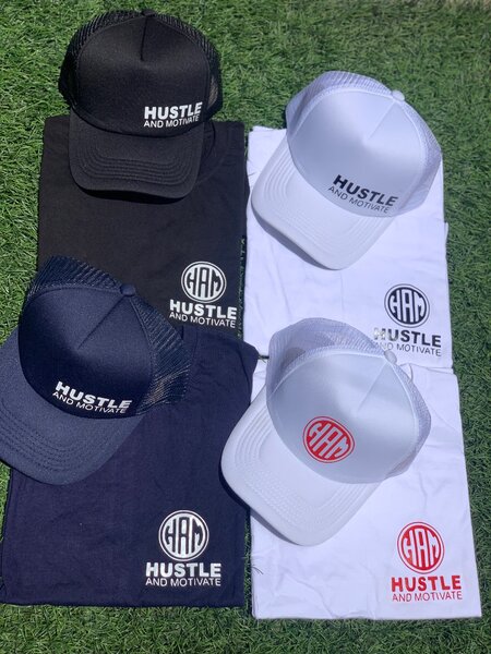 Hustle and motivate caps k65,t-shirts k140