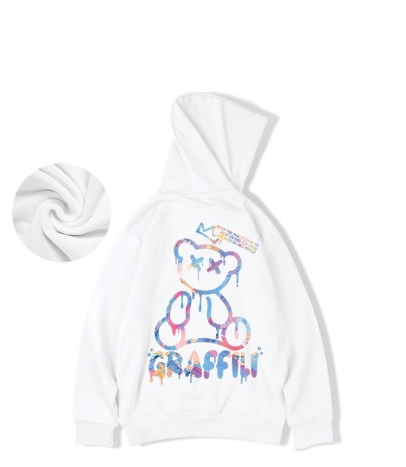 High Street Graffiti Bear Print Men's Fleece Hoodie Retro Au