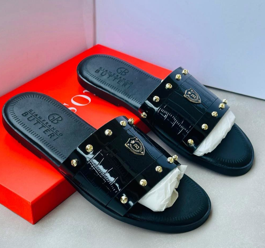 Mens Leather Mirror Slides