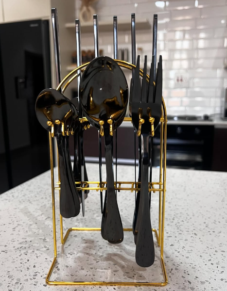 Cutlery set, 24 pieces, black with gold elements, with storage stand