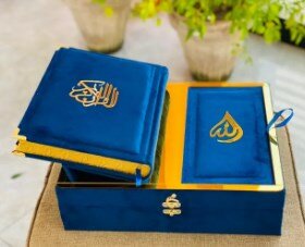 Kanz ul Eman Wooden velvet Quran e Pak With Translation Wooden Velvet Rehl Box | Quran Majeed Gift Box | Quran Gift | Bridal Gift | Quran set blue