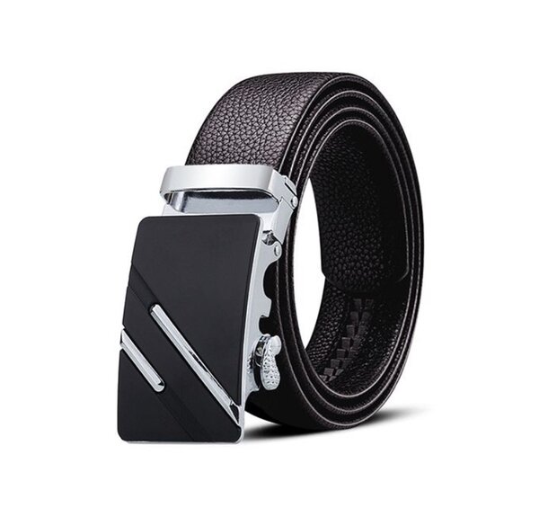Men's Business Casual Belt Silver Double Pole Pattern - Blac