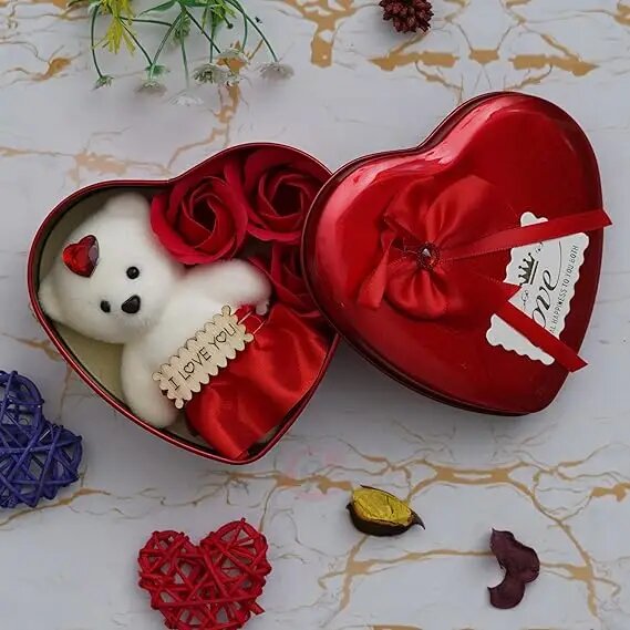 Heart shape valentine day gift box with 1 teddy beer, Roses