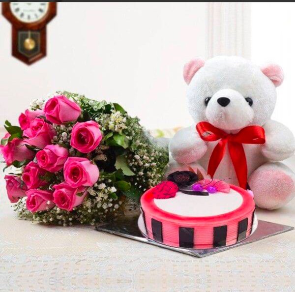 24 Red Roses in around basket with greenary and fillers Pink