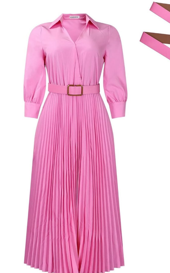 Women's pink dress with pleating and belt.
