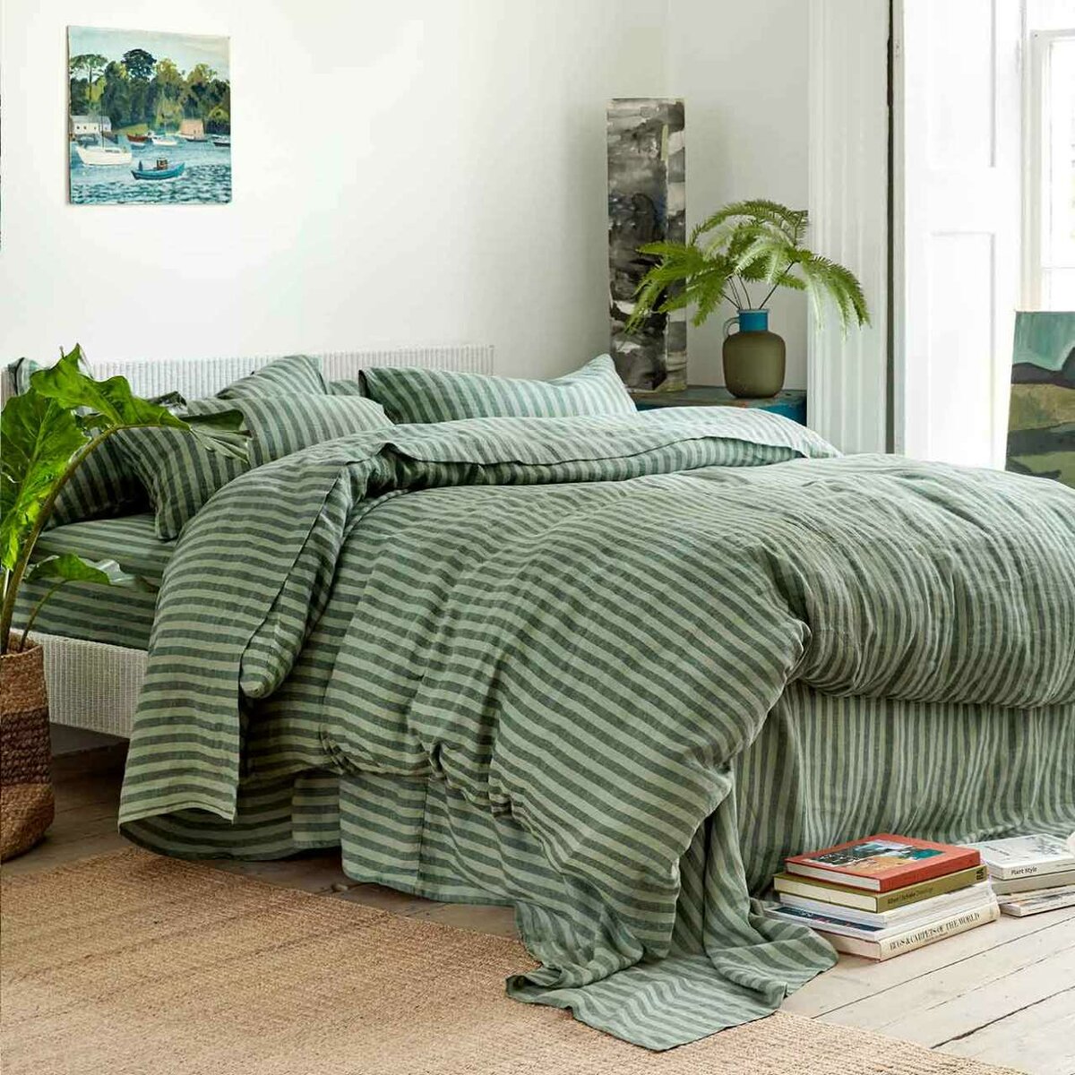 Pine Green Pembroke Stripe Linen Blend Duvet Cover | Piglet