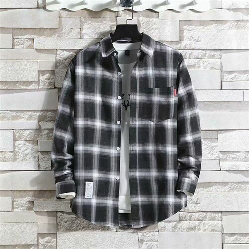 Men's Longss Sleeve Plaid Shirt-Black
