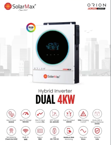 SolarMax Orion Dual 4KW Hybrid Inverter, with RGB display, support for solar panels, Wi-Fi monitoring