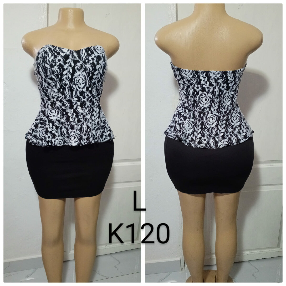 Women's dress is black with a white lace top , size L