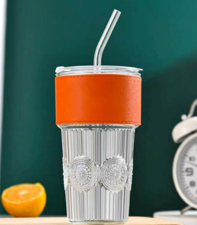 Embossed Design Glass Tumbler with 2-in-1 Sip+Straw Lid & Leather Sleeve  Glass Straw