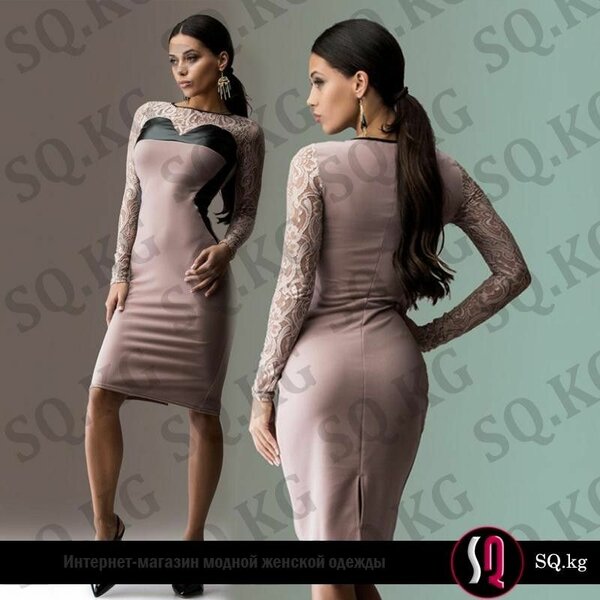 Бежевое мини-платье из гипюра и трикотажа Отто с кожаными ак