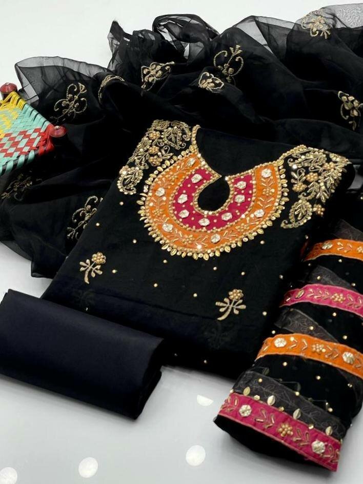 3 pcs women's unstitched organza mirror work suit