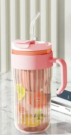 Plastic Handle Vertical Stripes Glass Tumbler with Infuser, Splash-Proof Lid and Reusable Straw