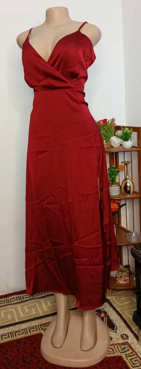 Women's Satin Spaghetti Strap Long Slit Cocktail Maxi Dress