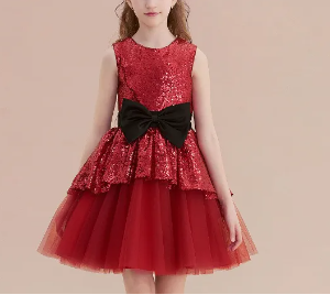 Red Net Dress For Girls ( Fabric Sequin And Net With Velvet Butterfly)