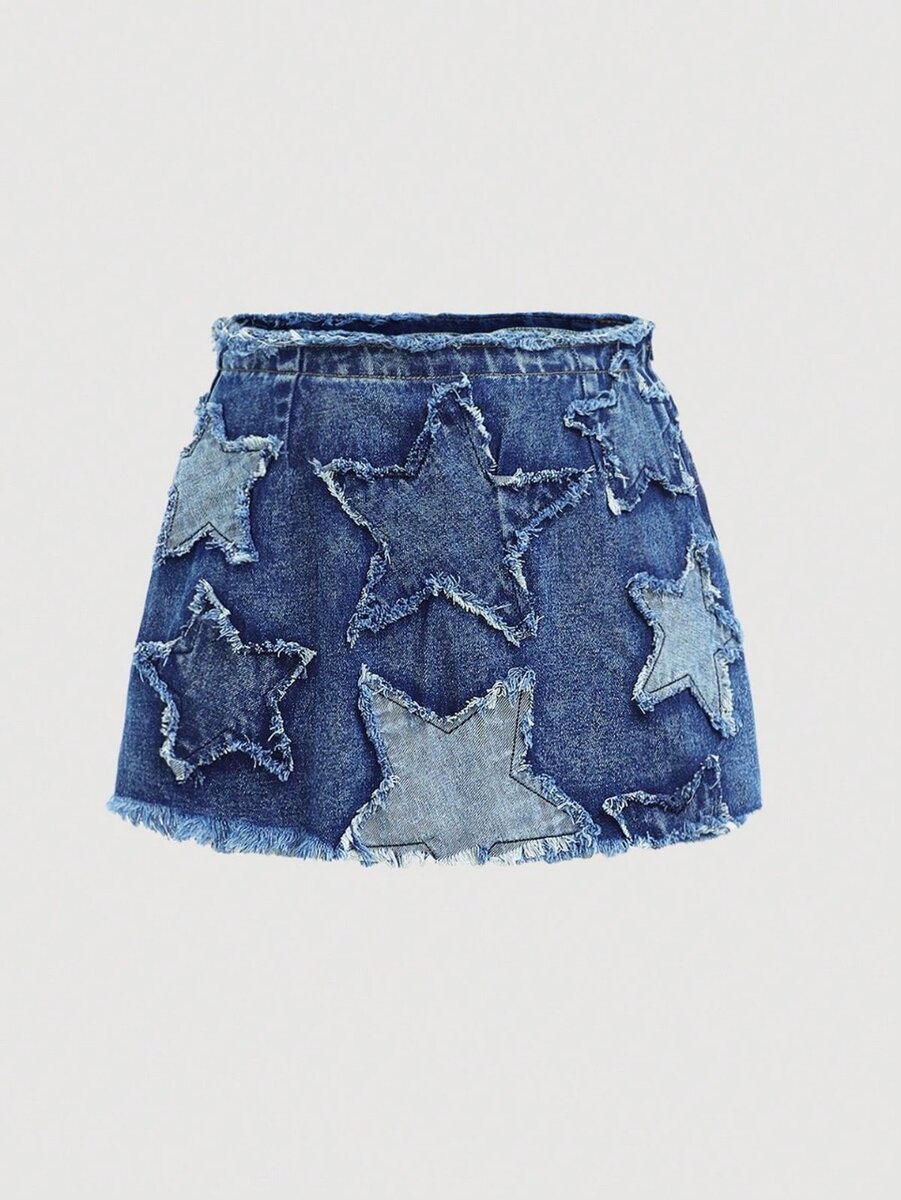 Teen girl Y2K trendy denim a line skirt with star patched