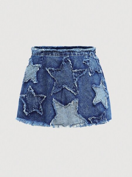 Teen girl Y2K trendy denim a line skirt with star patched