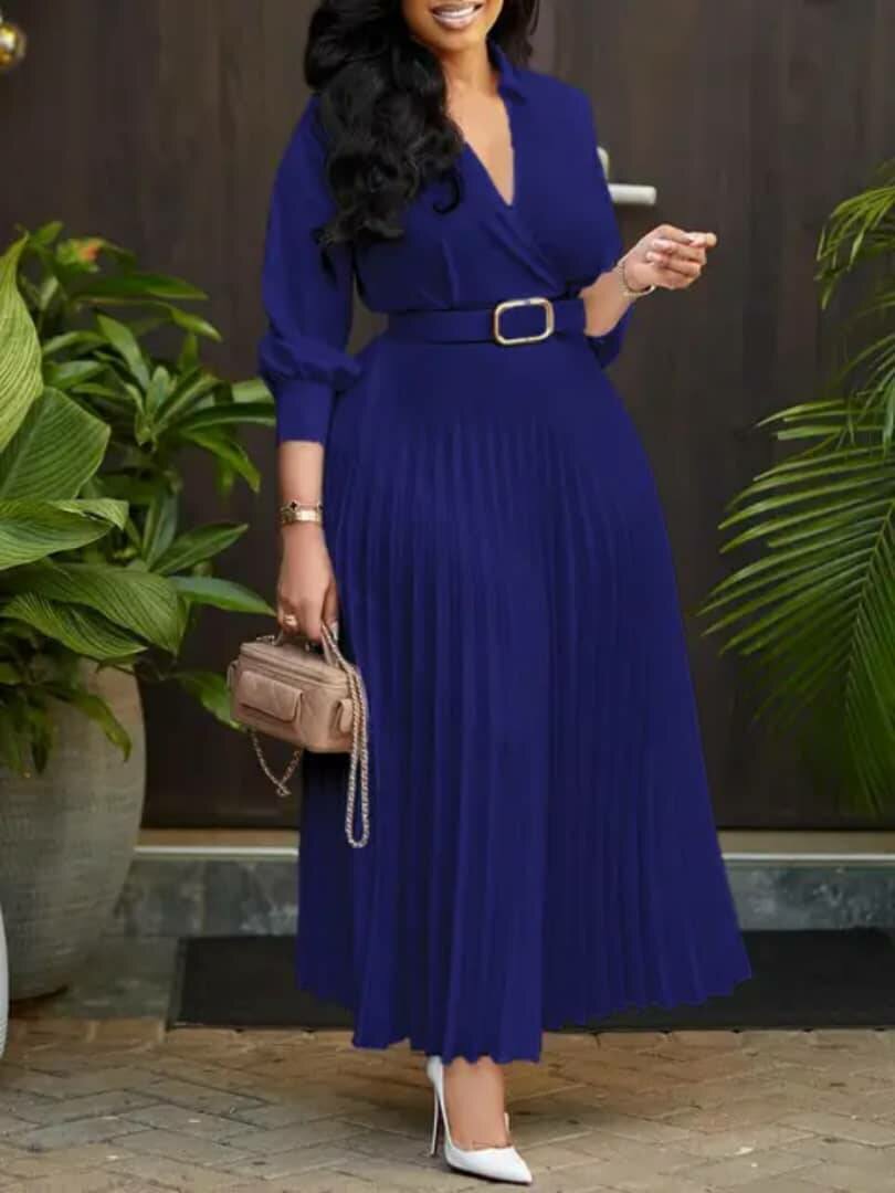 Blue dress with pleated bottom, maxi