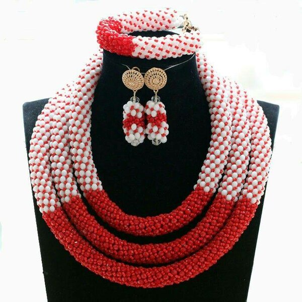 Parure collier perles rouge blanc