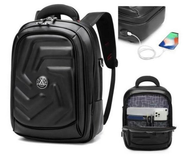 Black backpack with phone charger
