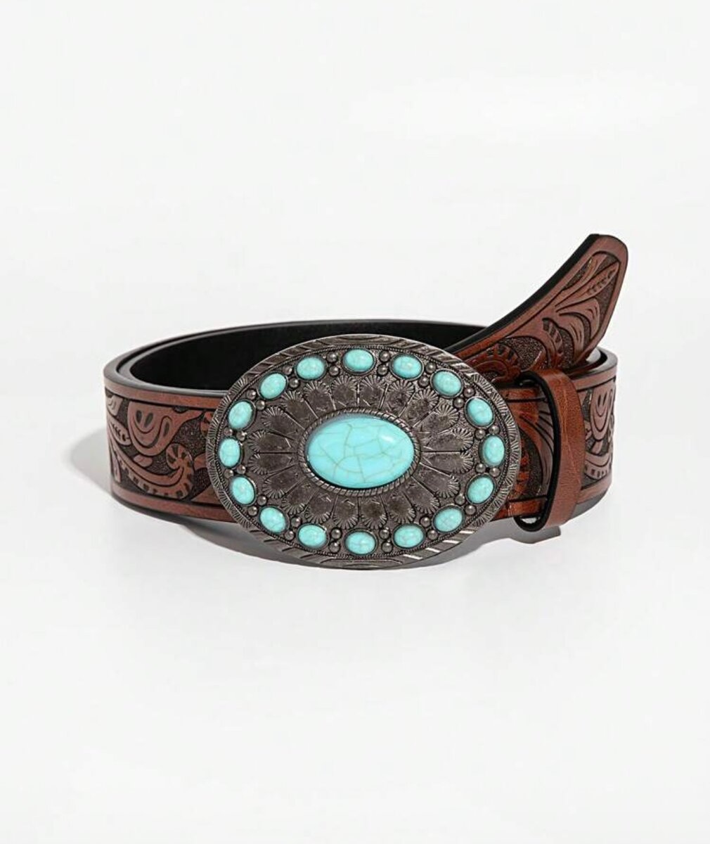 Ceinture en cuir gravé turquoise