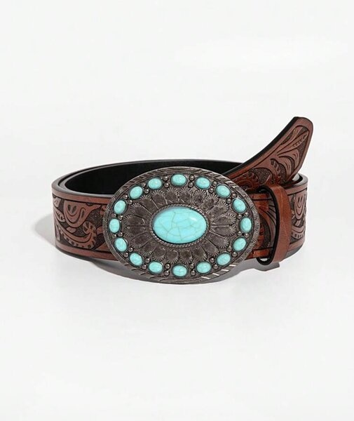Ceinture en cuir gravé turquoise