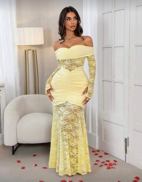 Robe Longue en Dentelle Jaune