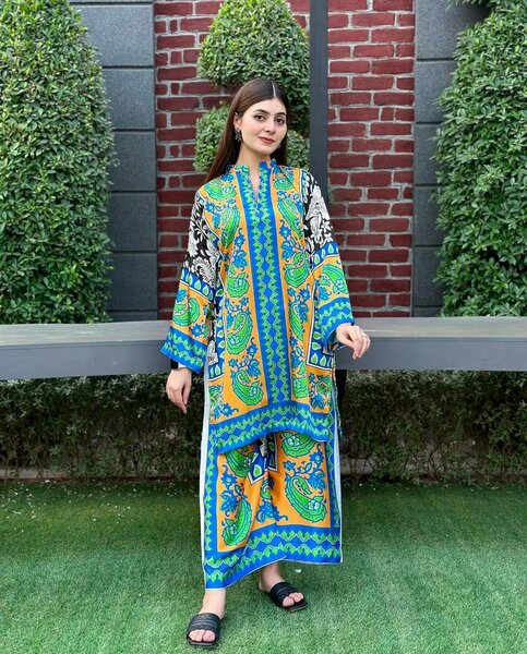 2 Pcs Woman's Stitched Printed Shirt And Plazo