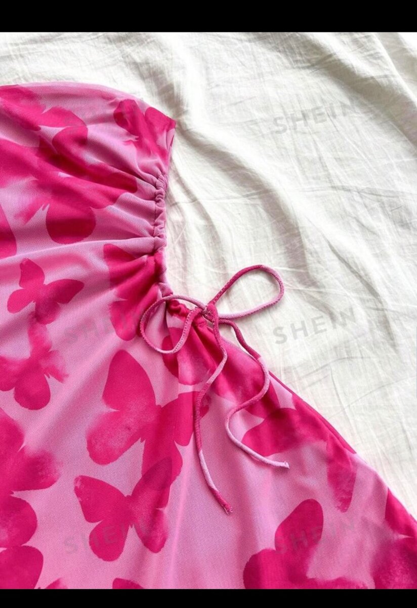 Butterfly print side tie strapless dress