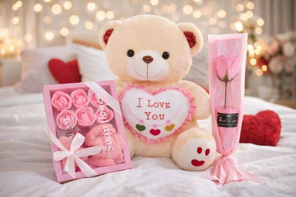 Ours en peluche avec rose et boîte de chocolats