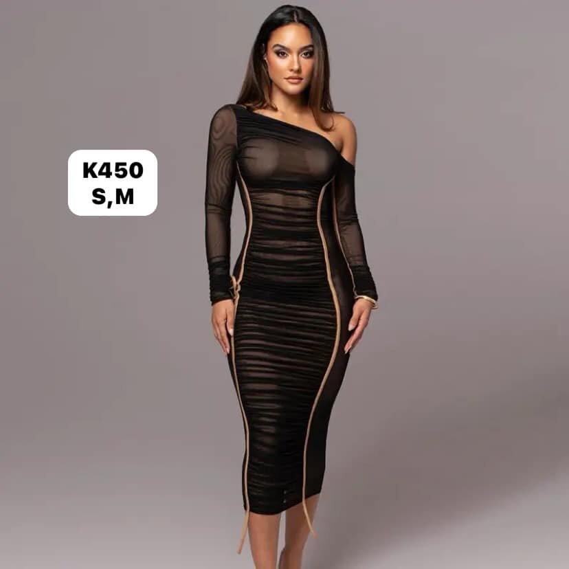 Women's Medium-length Dress with Long Sleeves and diagonal Collar, black