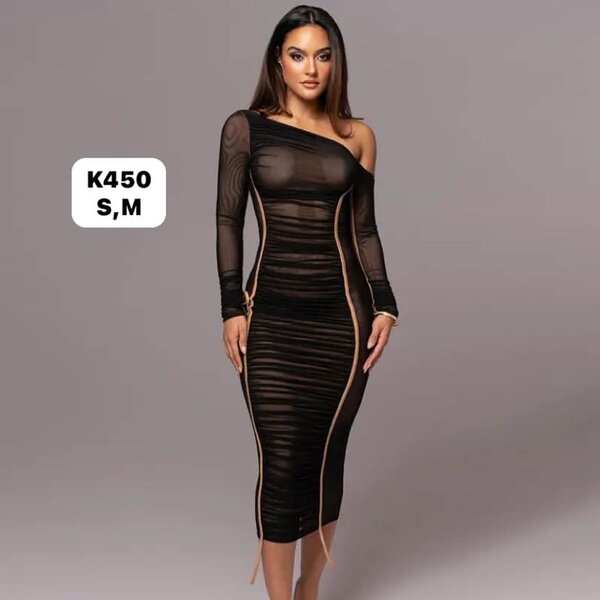 Women's Medium-length Dress with Long Sleeves and diagonal Collar, black