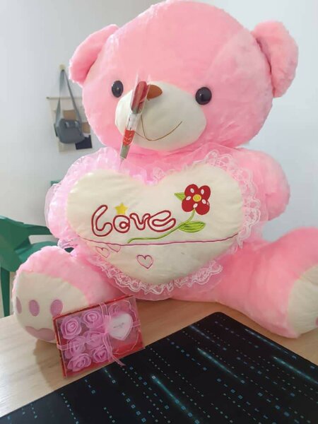Gros ours en peluche rose avec coeur