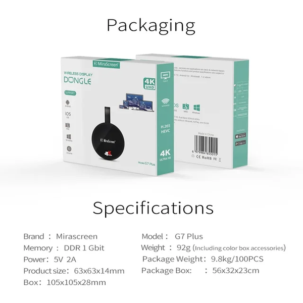 4K Hdmi wireless transmitter receiver mirascreen g7 miracast