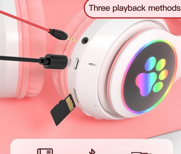 KERHAND Cute Cat Ear Bluetooth Headphones with LED Lights an