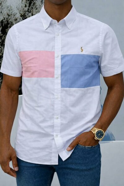 Chemise blanche empiècement bleu et rose