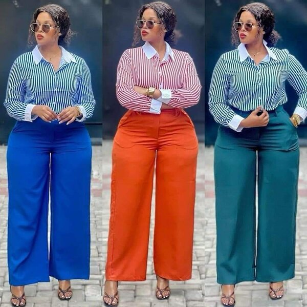 The set consisting of striped shirt and wide-leg trousers in blue,orange and green colors