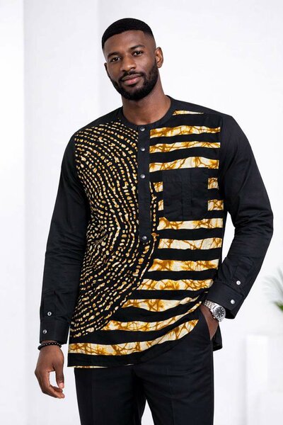 Chemise africaine noire et dorée pour homme