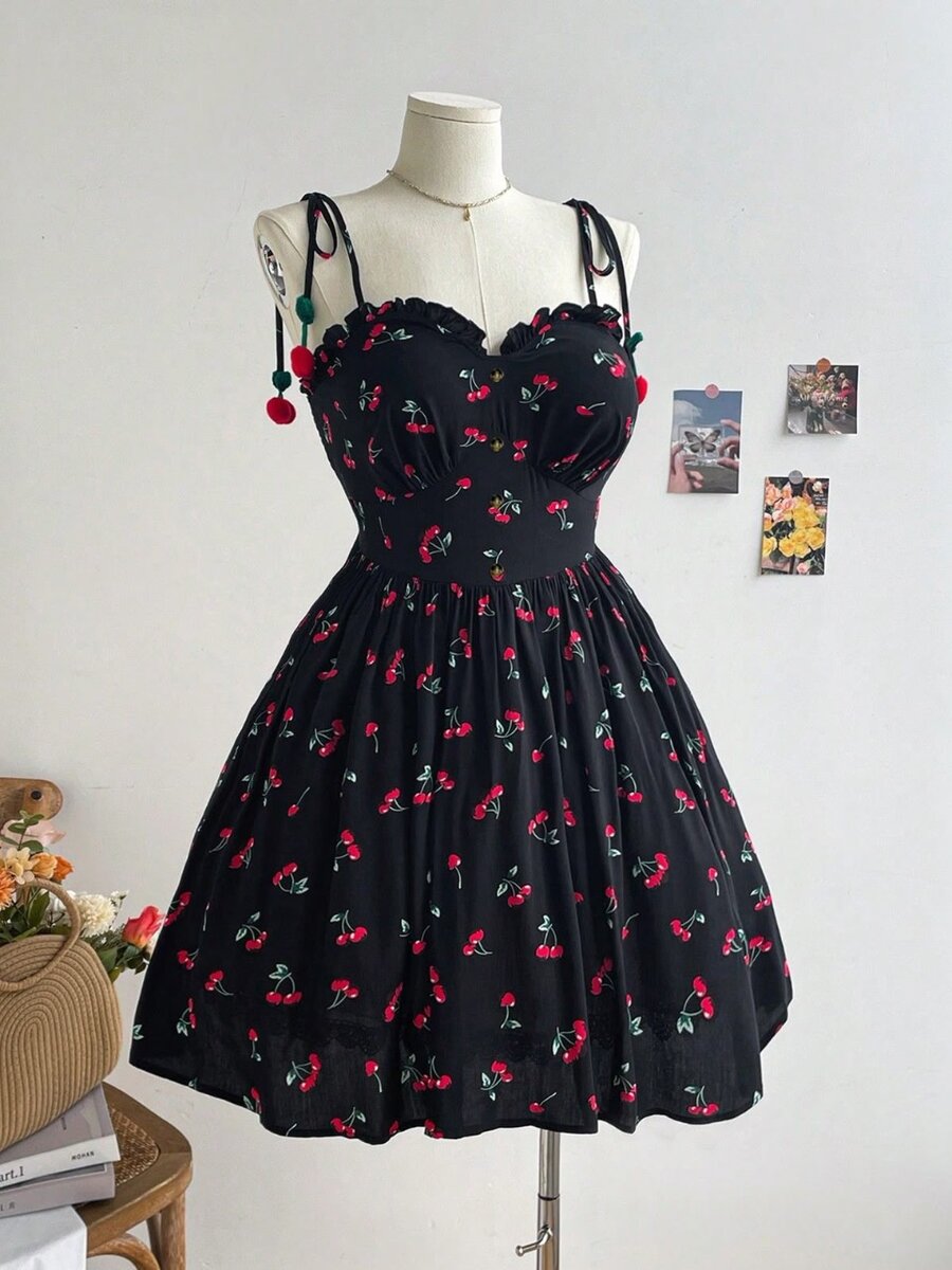 Black cherry print cup style romantic casual plus