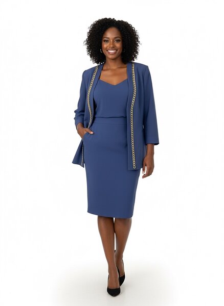 Tailleur bleu élégant avec chaînes
