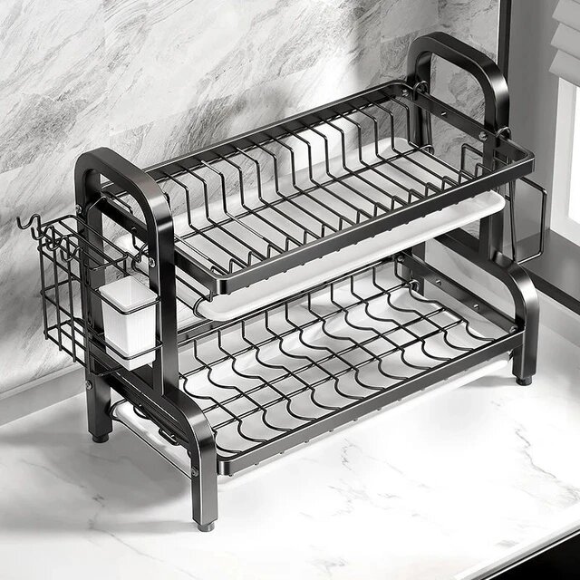 2-Tier Compact Kitchen Dish Rack Drainboard, Dish Drying.