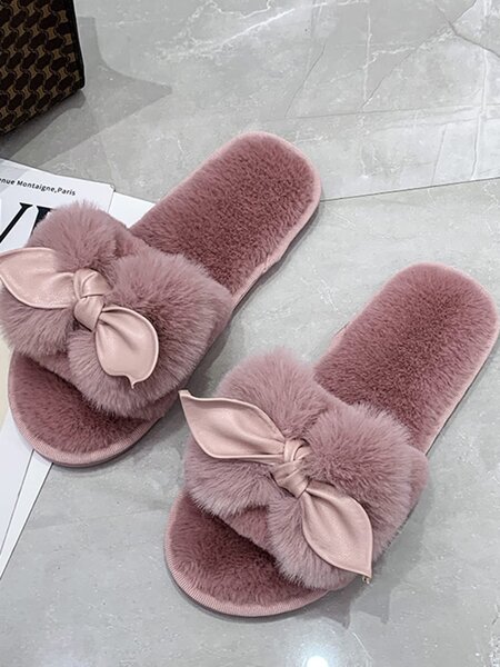 Bow decor fluffy bedroom slippers ladys flat plush slippers
