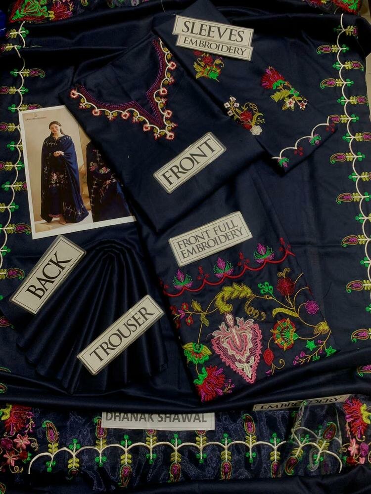 3 pcs women's unstitched Dhank Embroidered suit