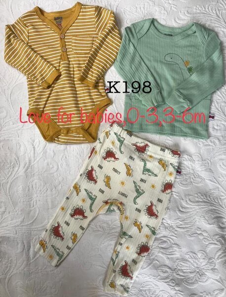 Set of bodysuit, sweater + rompers, 3-6, 6-9m with dinosaurs