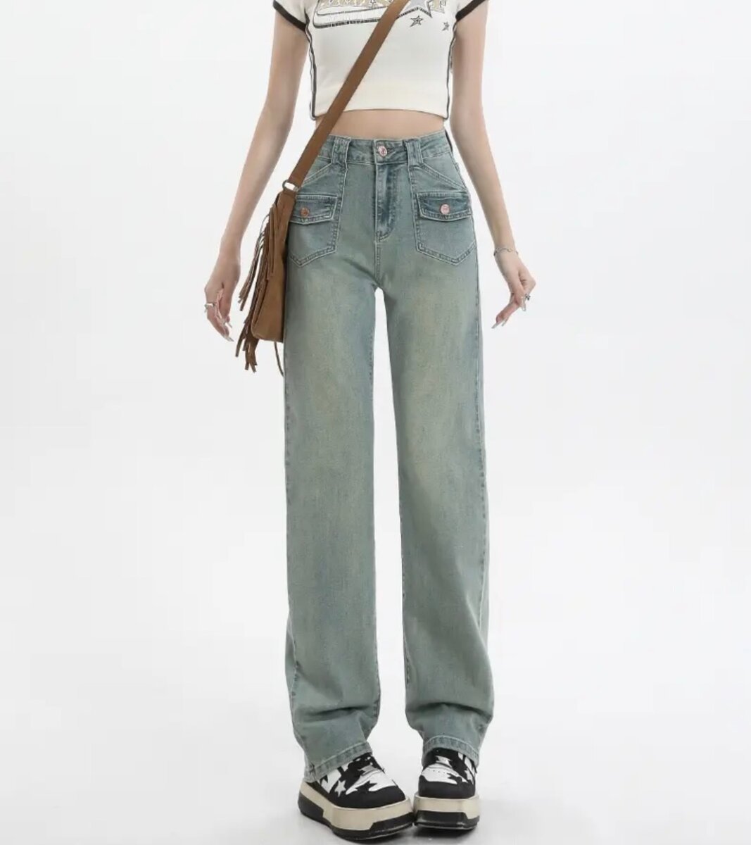 Джинсы стрейч светло-изумрудного цвета с высокой талией для