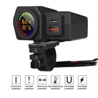 AKE - Motorcycle Dual USB Type C Charger 12-24V QC3.0 Fast Charging Voltmeter Thermometer Digital Display 3.4A Phone Charger Socket