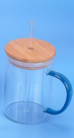 Colored Handle Borosilicate Glass Cup with Straw Hole Bamboo Lid and Glass Straw